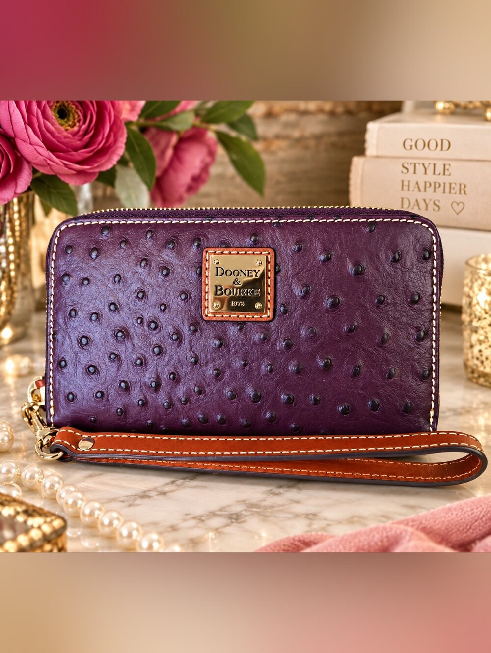 Dooney & Bourke Plum Ostrich Zip Around Wristlet Wallet